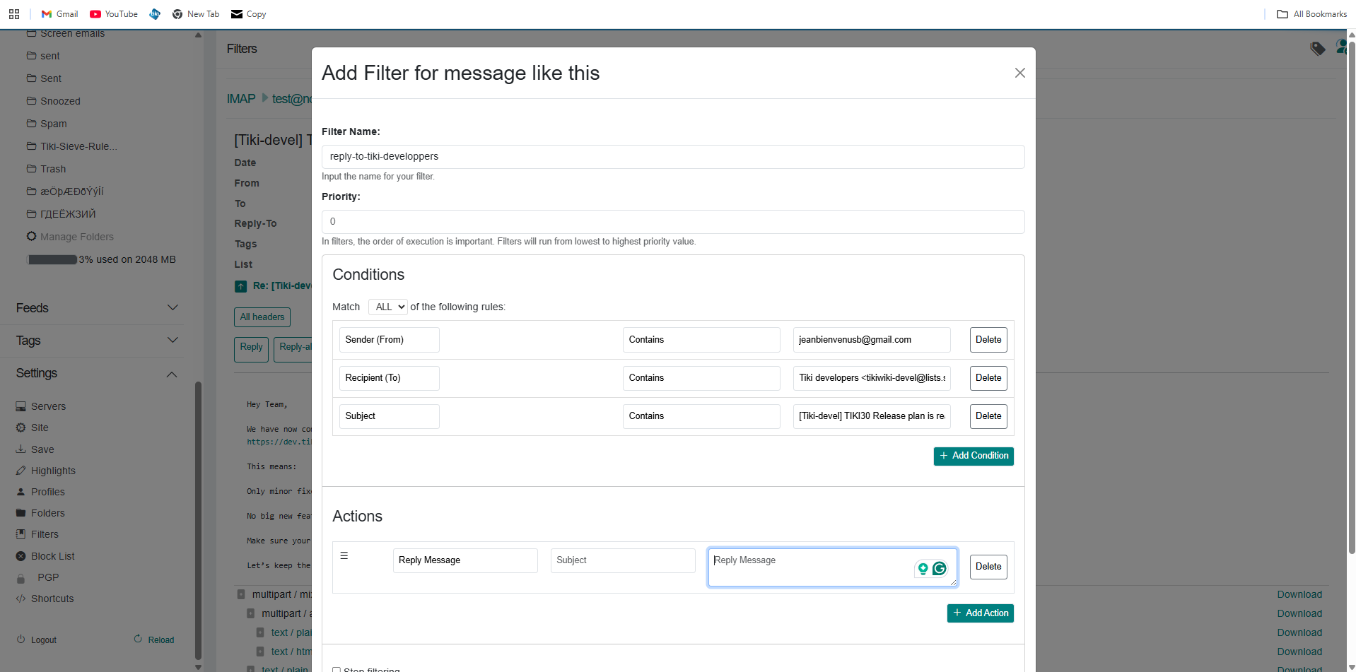 Add Filter for message like this modal with auto-populated conditions and actions