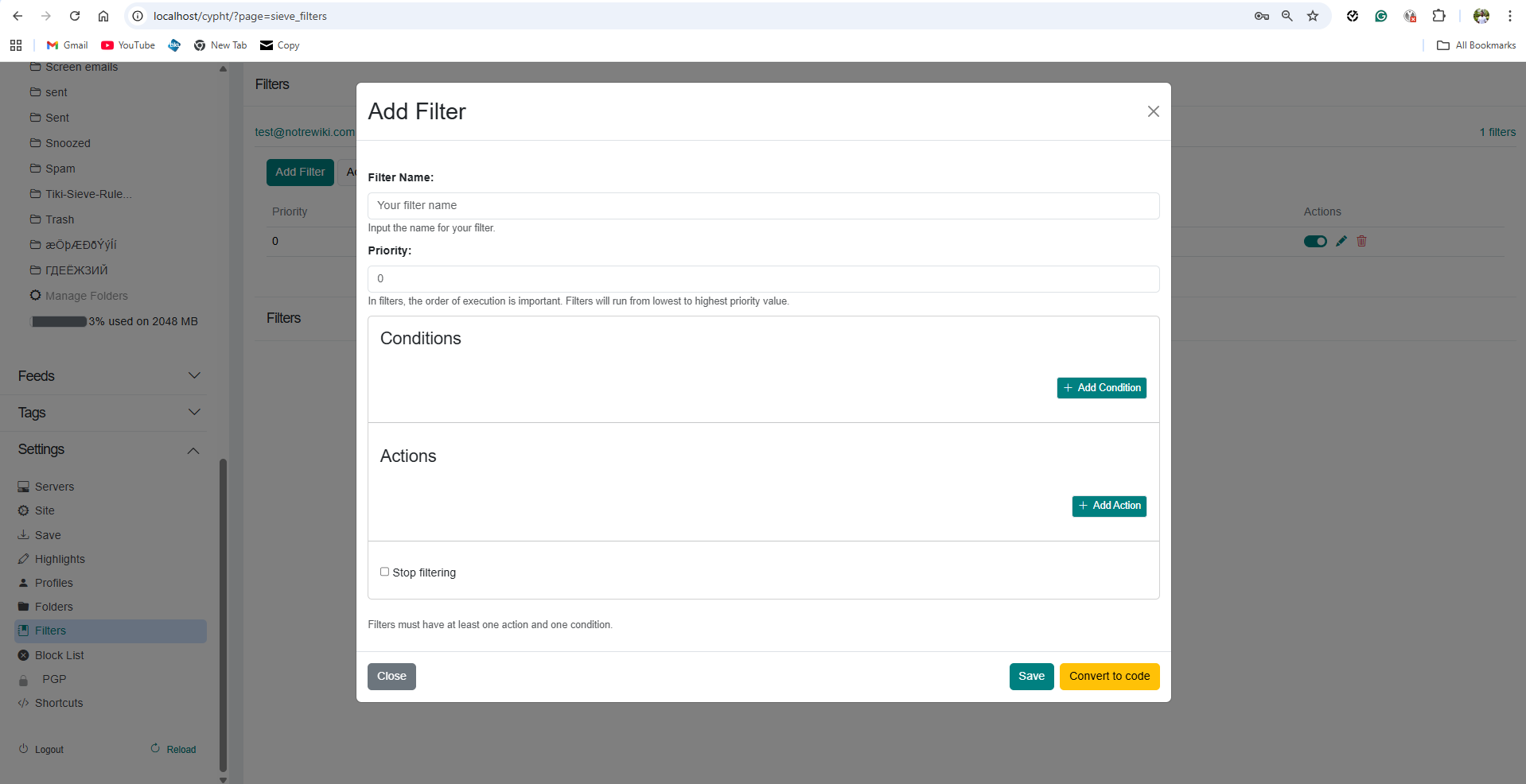 Empty Add Filter modal with name, priority, conditions and actions fields