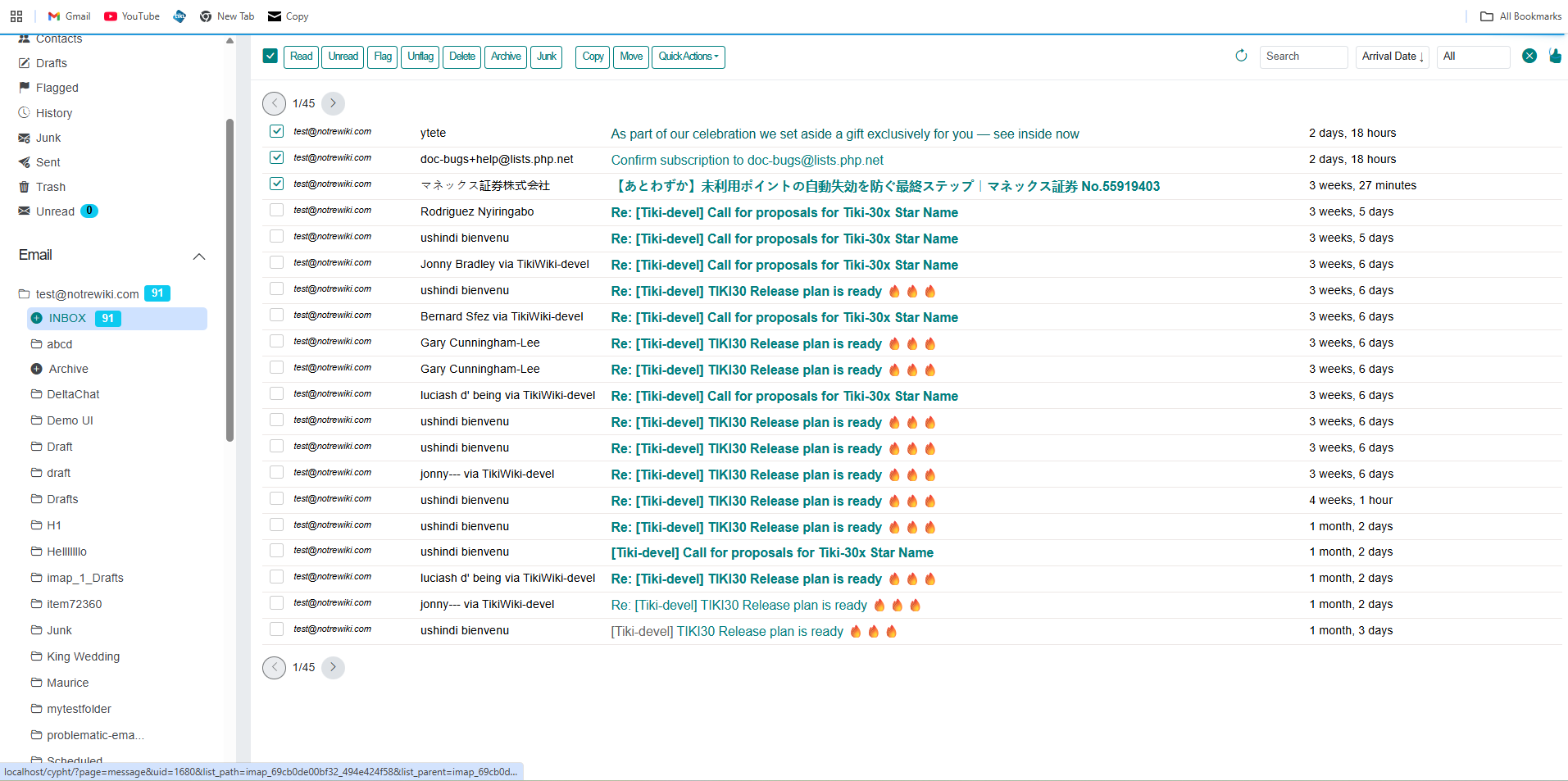 Inbox with selected messages and toolbar showing QuickActions