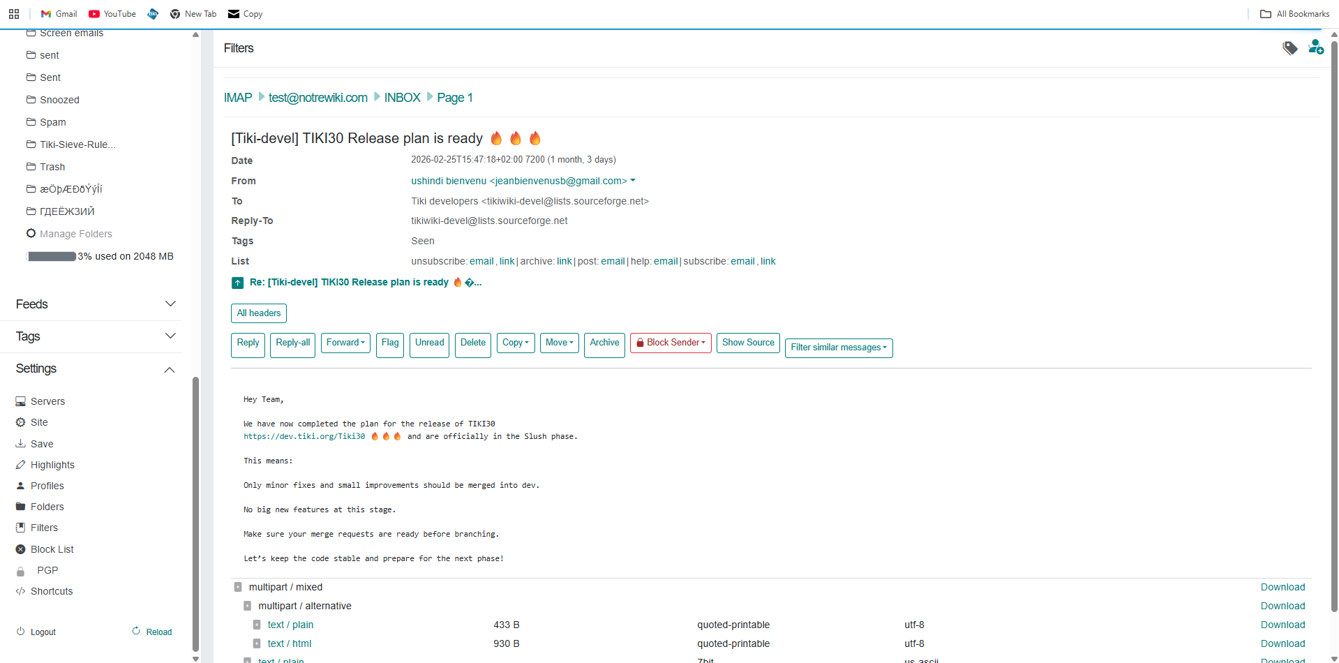 Opened message showing Filter similar messages button in the action bar